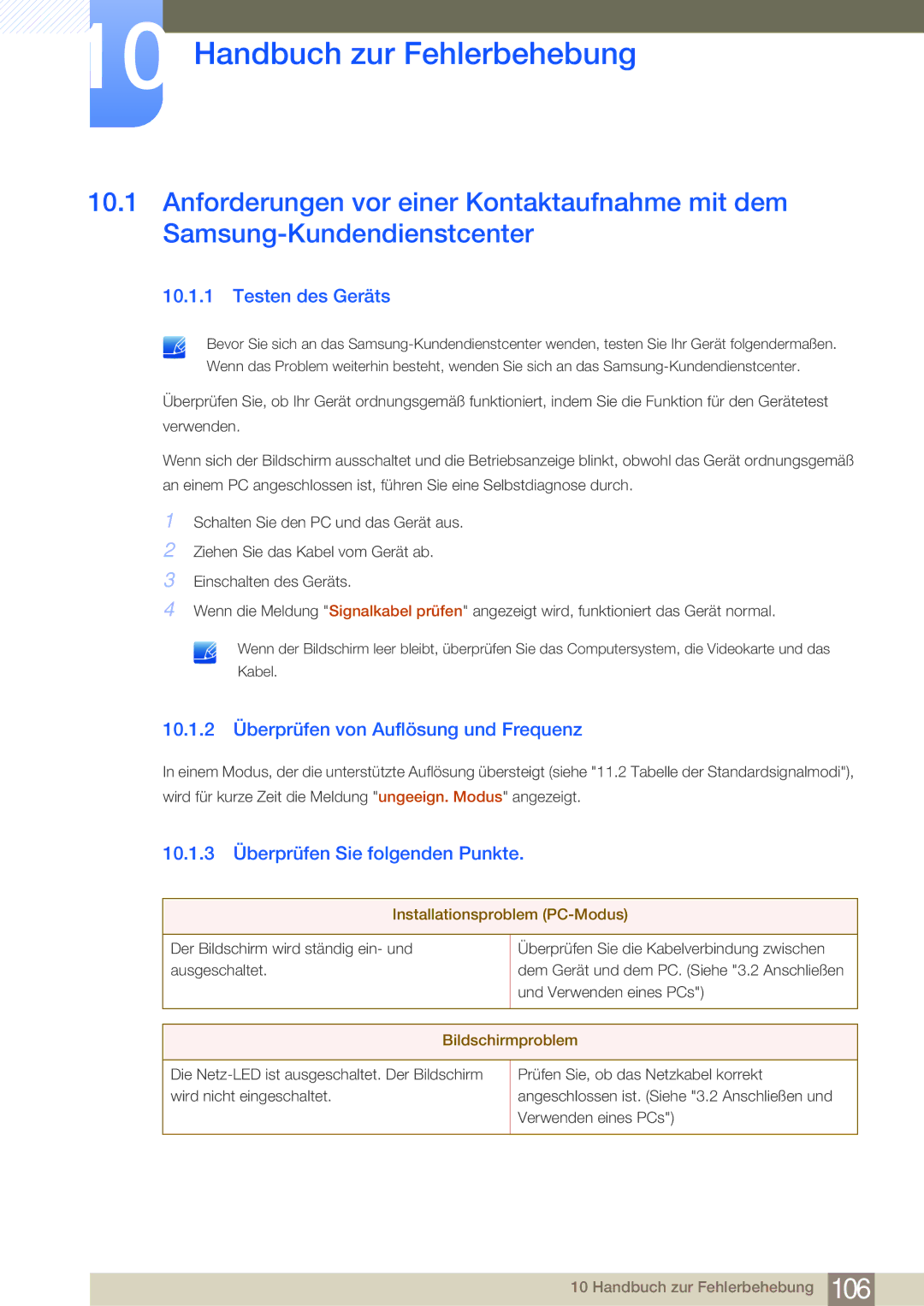 Samsung LF24NSBTBN/EN manual Handbuch zur Fehlerbehebung, Testen des Geräts, 10.1.2 Überprüfen von Auflösung und Frequenz 