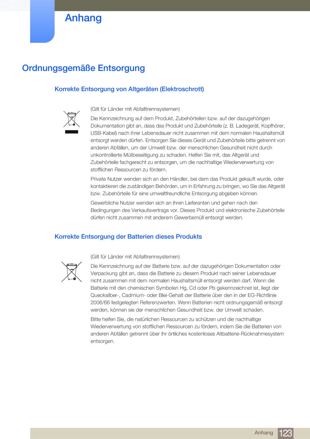 Samsung LF22NSBTBN/EN, LF24NSBTBN/EN manual Ordnungsgemäße Entsorgung, Korrekte Entsorgung von Altgeräten Elektroschrott 