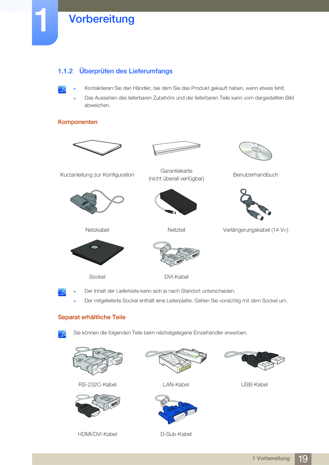 Samsung LF22NSBTBN/EN, LF24NSBTBN/EN manual 2 Überprüfen des Lieferumfangs, Komponenten, Separat erhältliche Teile 