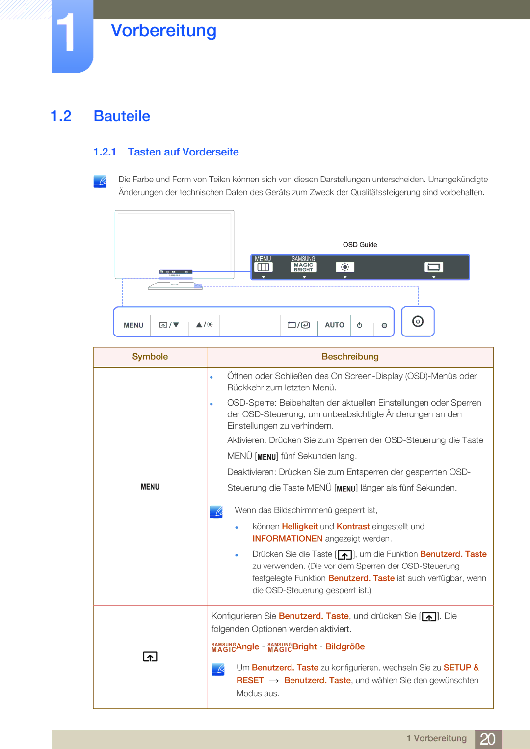 Samsung LF24NSBTBN/EN, LF22NSBTBN/EN manual Bauteile, Tasten auf Vorderseite, MAGICSAMSUNGAngle MAGICSAMSUNGBright Bildgröße 