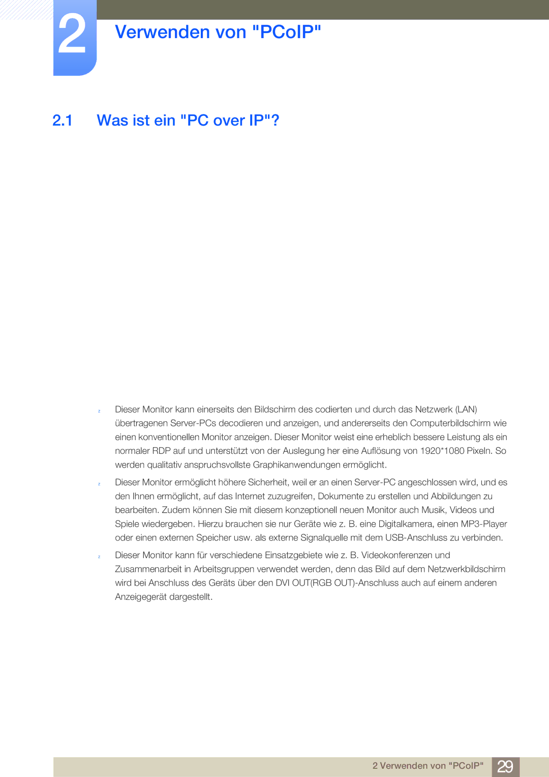 Samsung LF22NSBTBN/EN, LF24NSBTBN/EN manual Verwenden von PCoIP, Was ist ein PC over IP? 