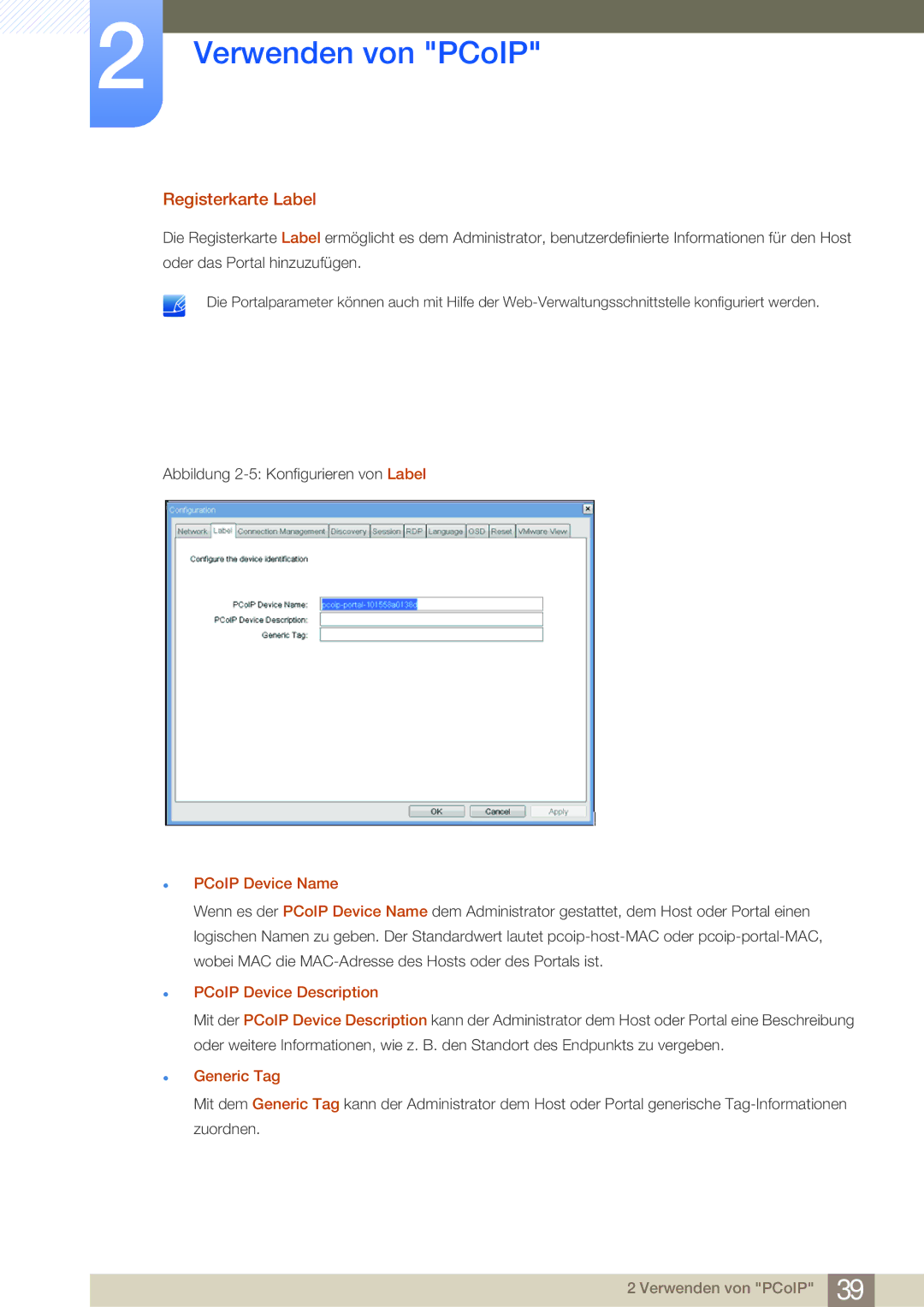 Samsung LF22NSBTBN/EN, LF24NSBTBN/EN manual Registerkarte Label, PCoIP Device Name, PCoIP Device Description, Generic Tag 