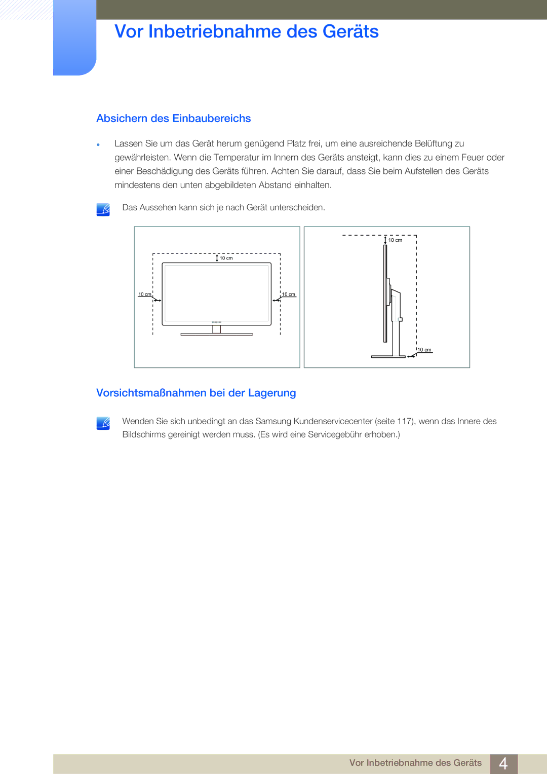 Samsung LF24NSBTBN/EN, LF22NSBTBN/EN manual Absichern des Einbaubereichs, Vorsichtsmaßnahmen bei der Lagerung 