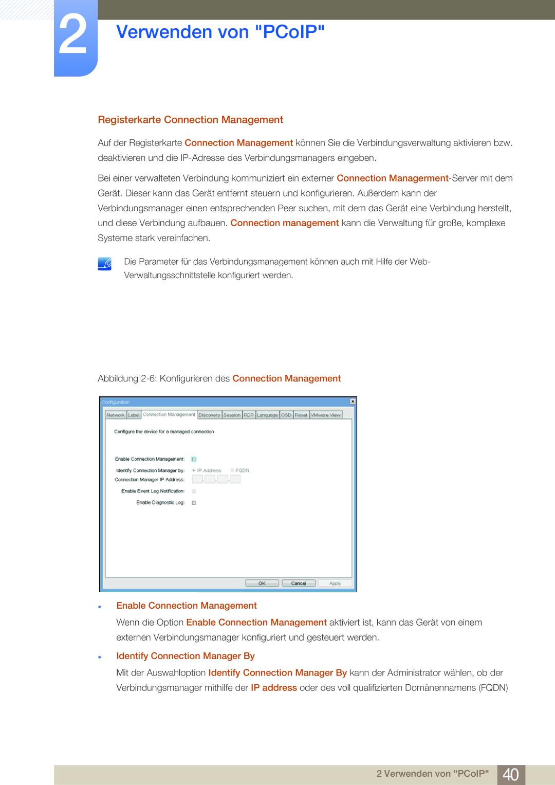 Samsung LF24NSBTBN/EN Registerkarte Connection Management, Enable Connection Management, Identify Connection Manager By 