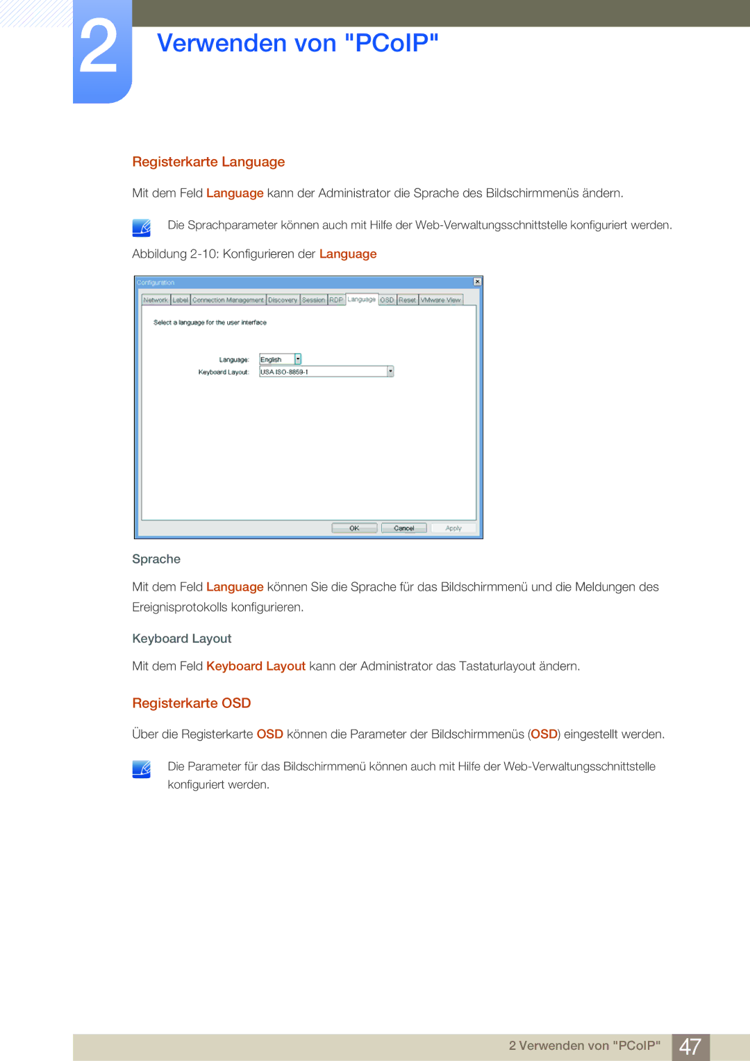 Samsung LF22NSBTBN/EN, LF24NSBTBN/EN manual Registerkarte Language, Registerkarte OSD, Sprache, Keyboard Layout 