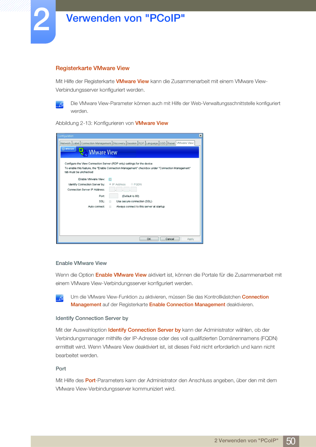 Samsung LF24NSBTBN/EN, LF22NSBTBN/EN Registerkarte VMware View, Enable VMware View, Identify Connection Server by, Port 