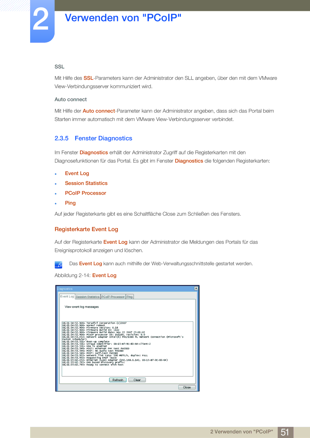 Samsung LF22NSBTBN/EN, LF24NSBTBN/EN manual Fenster Diagnostics, Registerkarte Event Log, Auto connect 