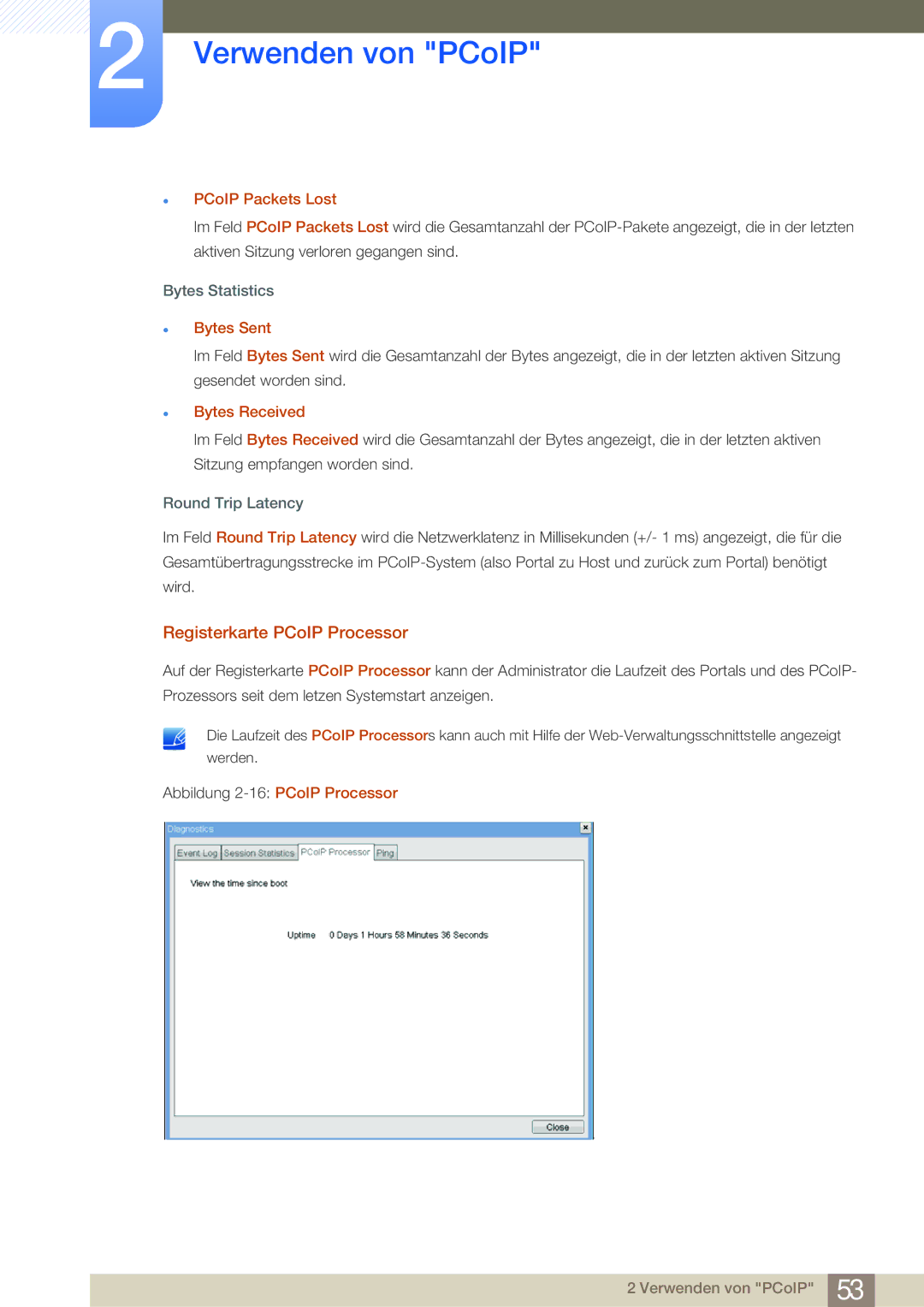 Samsung LF22NSBTBN/EN, LF24NSBTBN/EN manual Registerkarte PCoIP Processor, PCoIP Packets Lost, Bytes Sent, Bytes Received 