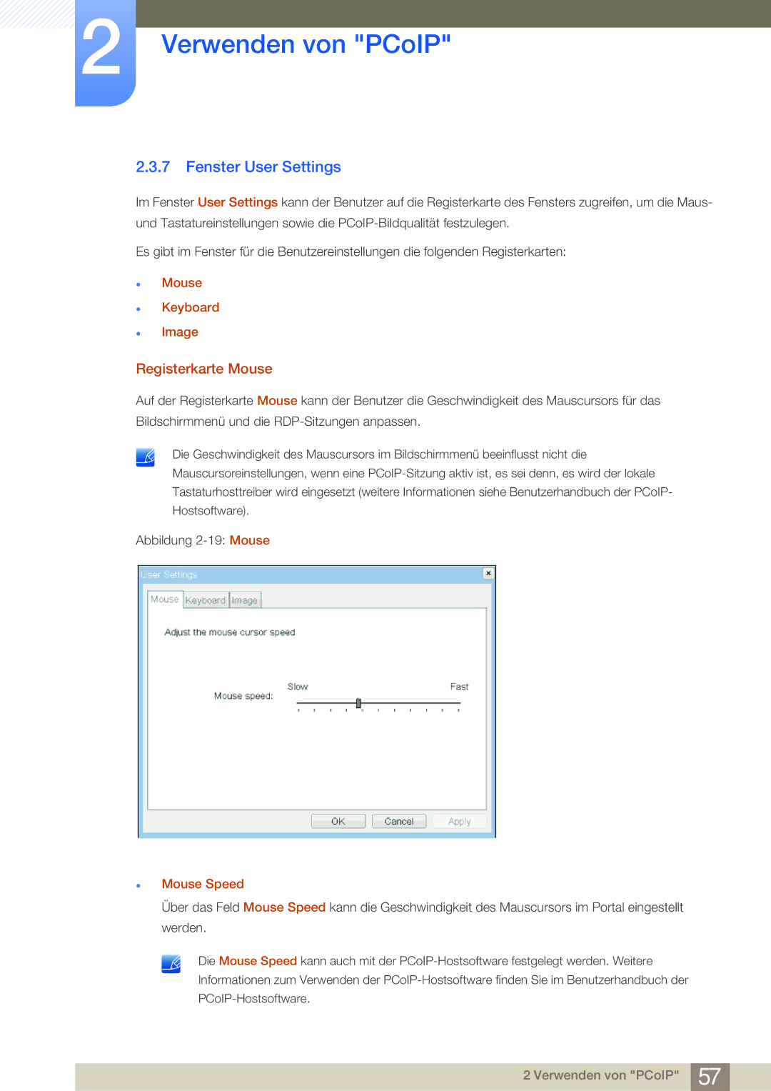 Samsung LF22NSBTBN/EN, LF24NSBTBN/EN manual Fenster User Settings, Registerkarte Mouse, Mouse Keyboard Image, Mouse Speed 