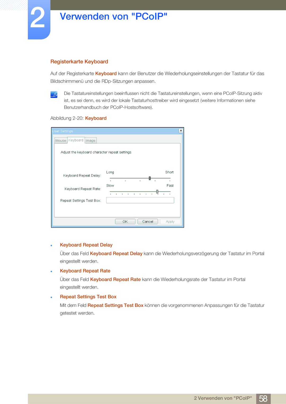 Samsung LF24NSBTBN/EN manual Registerkarte Keyboard, Keyboard Repeat Delay, Keyboard Repeat Rate, Repeat Settings Test Box 