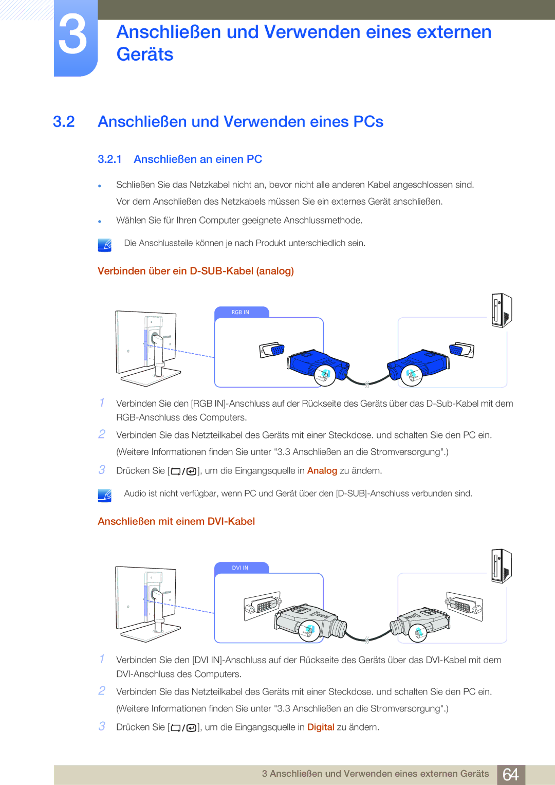 Samsung LF24NSBTBN/EN Anschließen und Verwenden eines PCs, Anschließen an einen PC, Verbinden über ein D-SUB-Kabel analog 