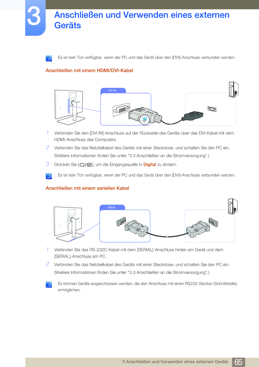 Samsung LF22NSBTBN/EN, LF24NSBTBN/EN manual Anschließen mit einem HDMI/DVI-Kabel, Anschließen mit einem seriellen Kabel 