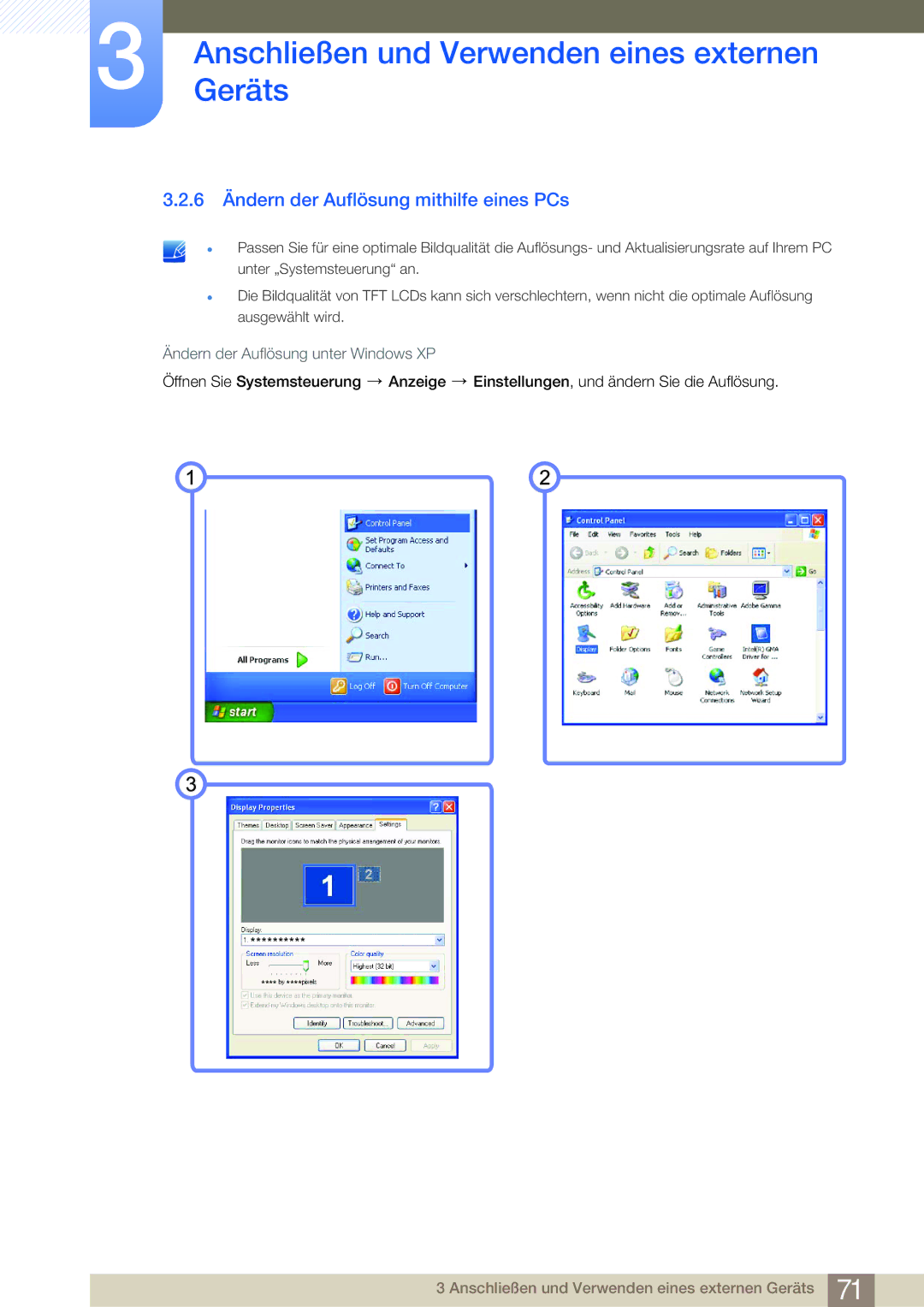 Samsung LF22NSBTBN/EN, LF24NSBTBN/EN manual 6 Ändern der Auflösung mithilfe eines PCs, Ändern der Auflösung unter Windows XP 