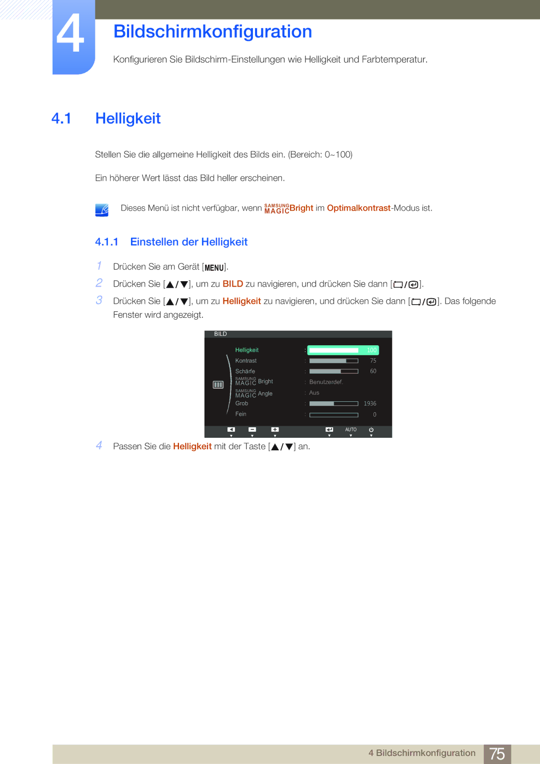 Samsung LF22NSBTBN/EN, LF24NSBTBN/EN manual Bildschirmkonfiguration, Einstellen der Helligkeit 