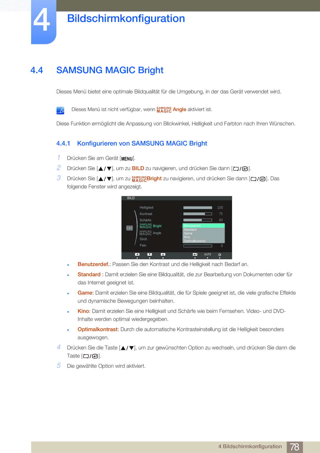 Samsung LF24NSBTBN/EN, LF22NSBTBN/EN manual Konfigurieren von Samsung Magic Bright 