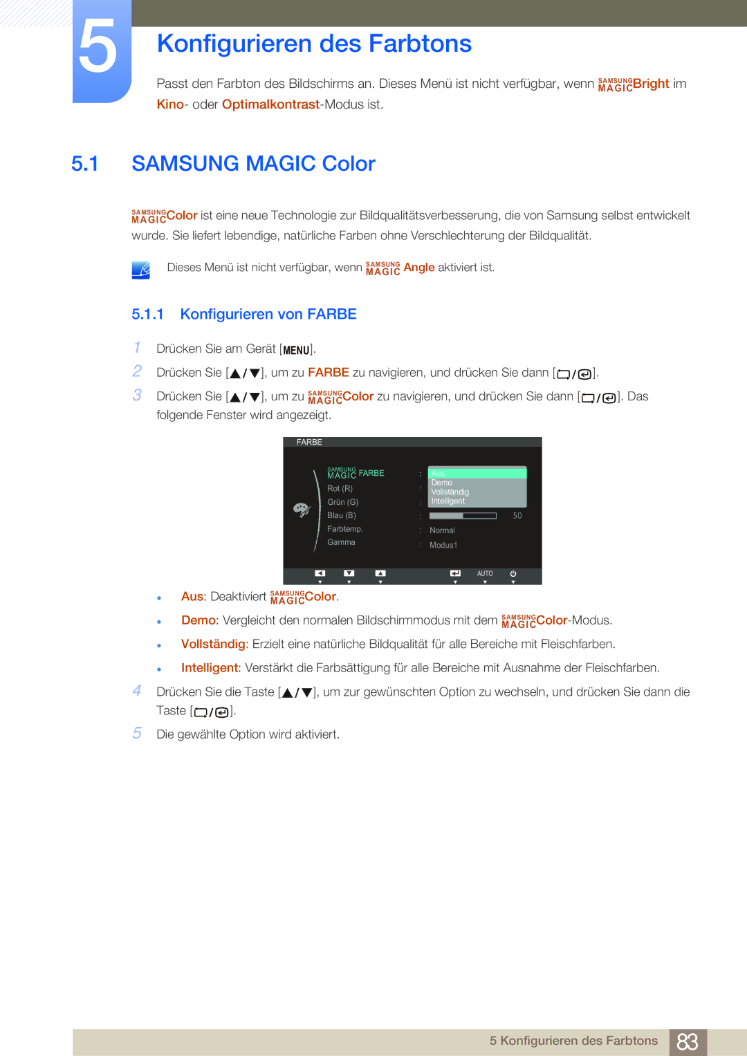 Samsung LF22NSBTBN/EN, LF24NSBTBN/EN manual Konfigurieren des Farbtons, Samsung Magic Color, Konfigurieren von Farbe 