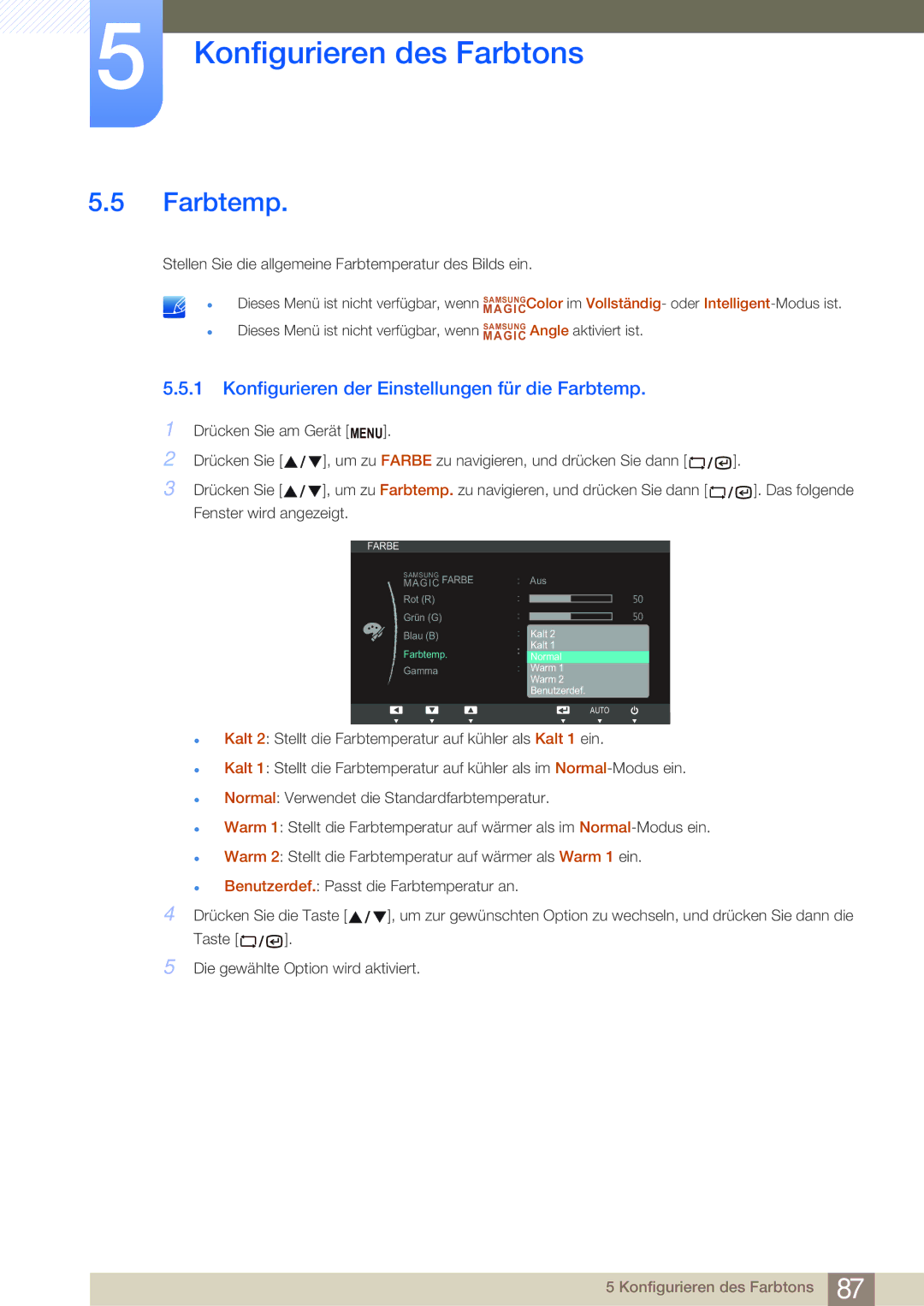 Samsung LF22NSBTBN/EN, LF24NSBTBN/EN manual Konfigurieren der Einstellungen für die Farbtemp 