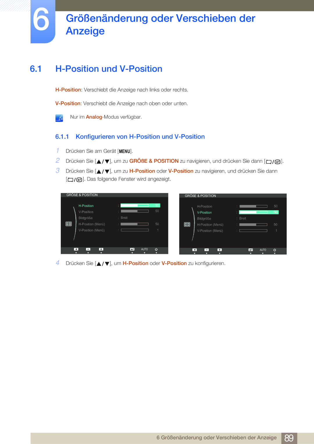 Samsung LF22NSBTBN/EN, LF24NSBTBN/EN manual GrößenänderungAnzeige oder Verschieben der, Position und V-Position 