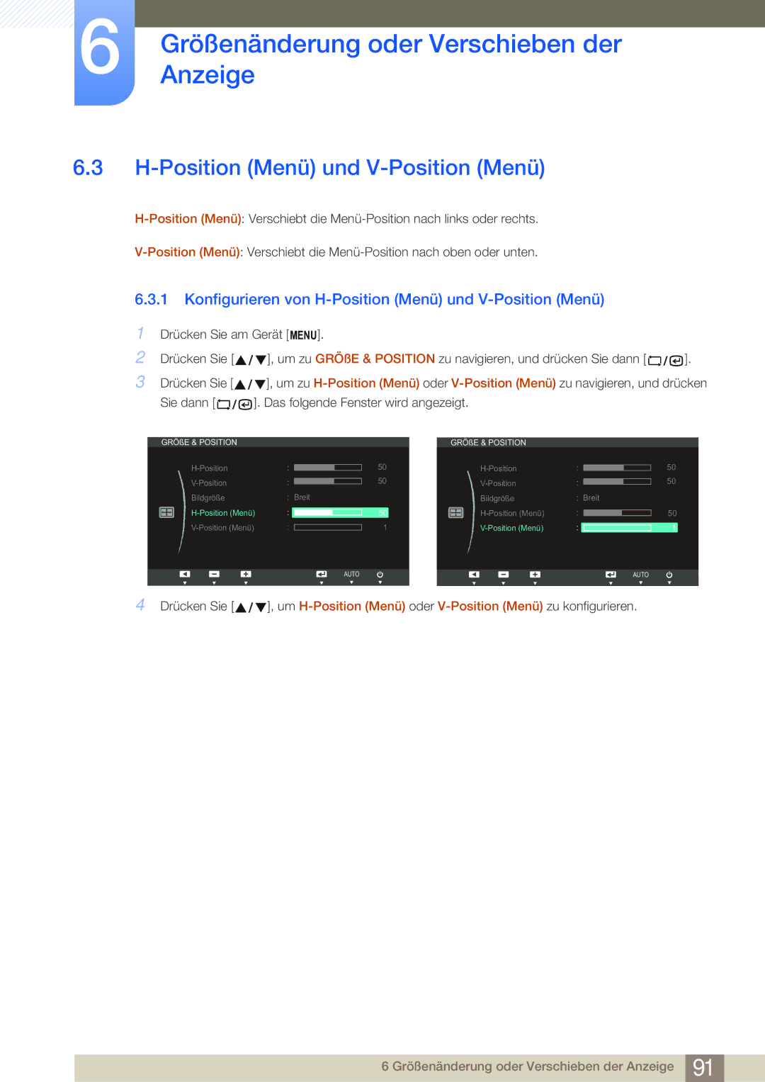 Samsung LF22NSBTBN/EN, LF24NSBTBN/EN manual Konfigurieren von H-Position Menü und V-Position Menü 