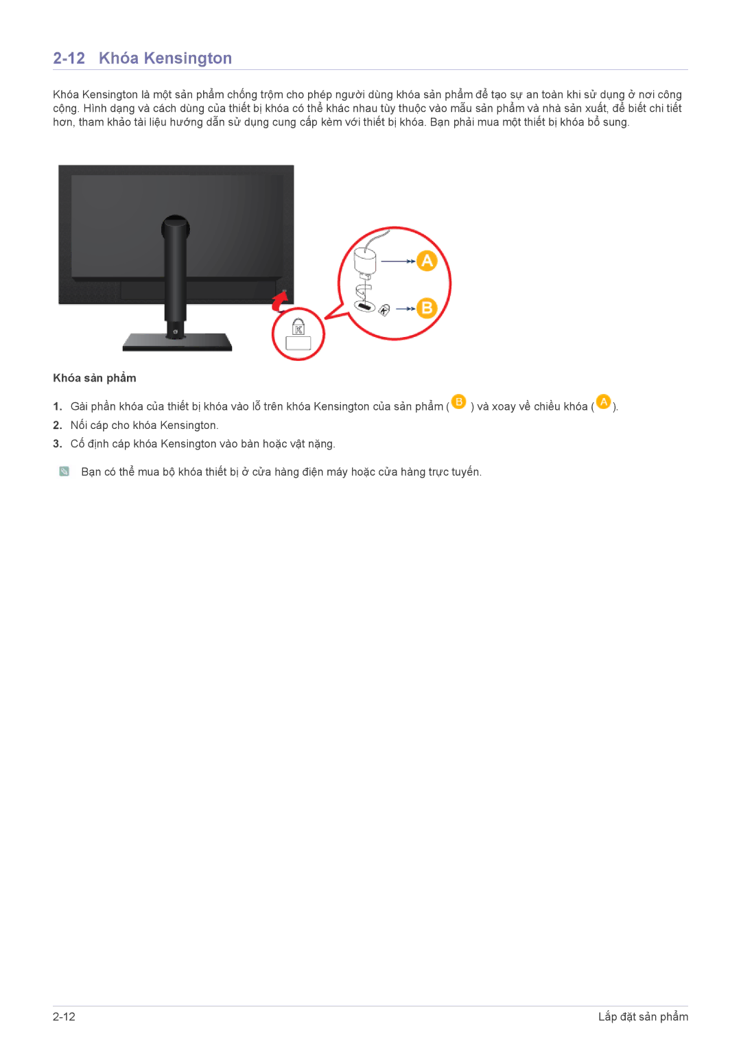 Samsung LF24PPBCB/XY, LF19PPBCB/XY manual 12 Khóa Kensington, Khóa sản phẩm 
