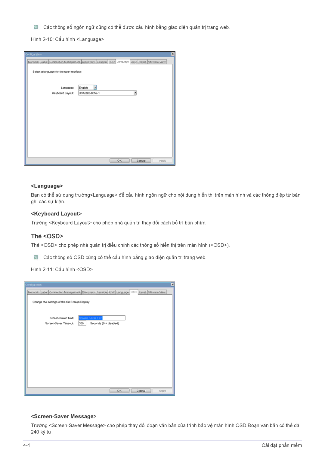 Samsung LF24PPBCB/XY, LF19PPBCB/XY manual Thẻ OSD, Language, Keyboard Layout, Screen-Saver Message 