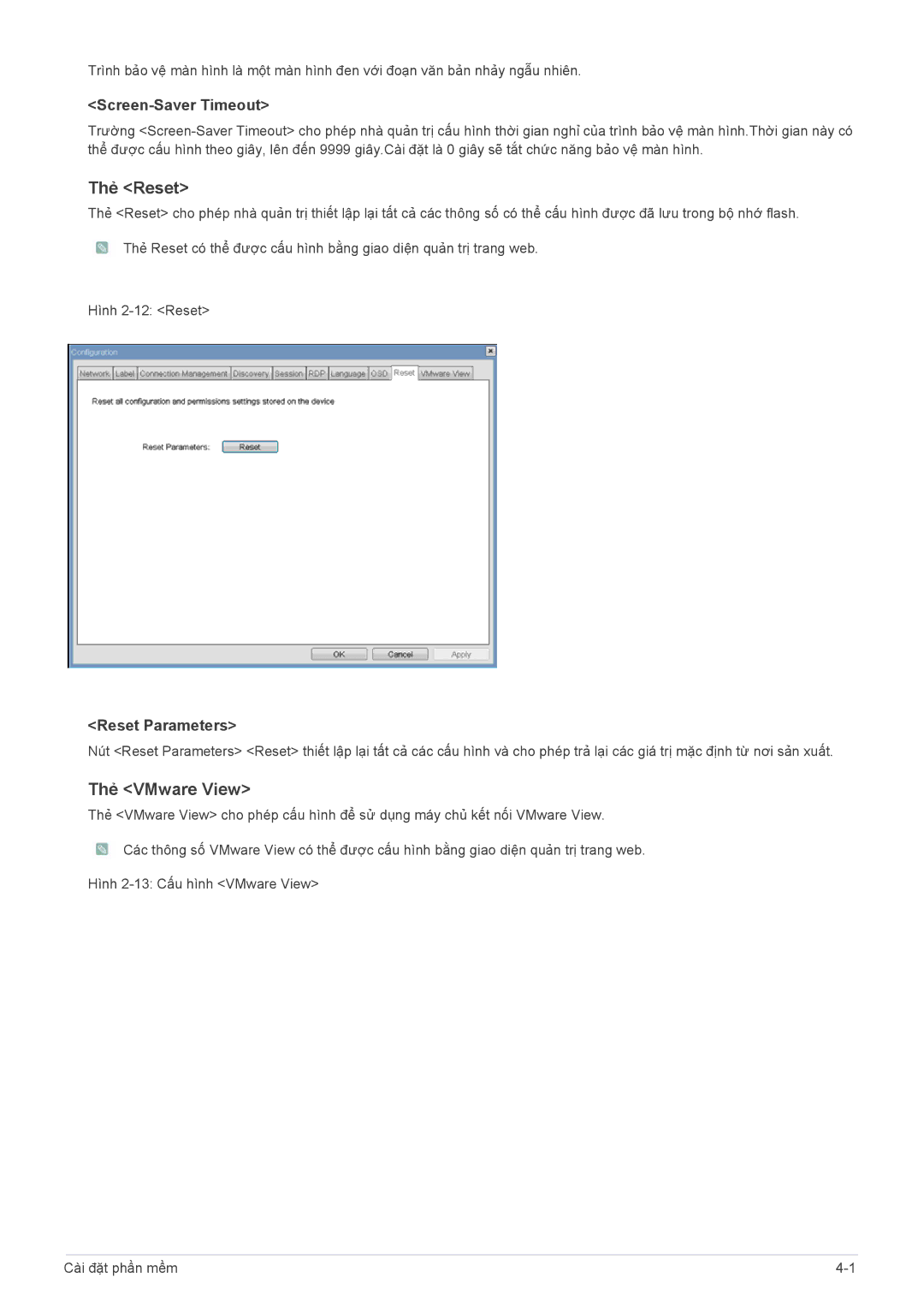 Samsung LF19PPBCB/XY, LF24PPBCB/XY manual Thẻ Reset, Thẻ VMware View, Screen-Saver Timeout, Reset Parameters 