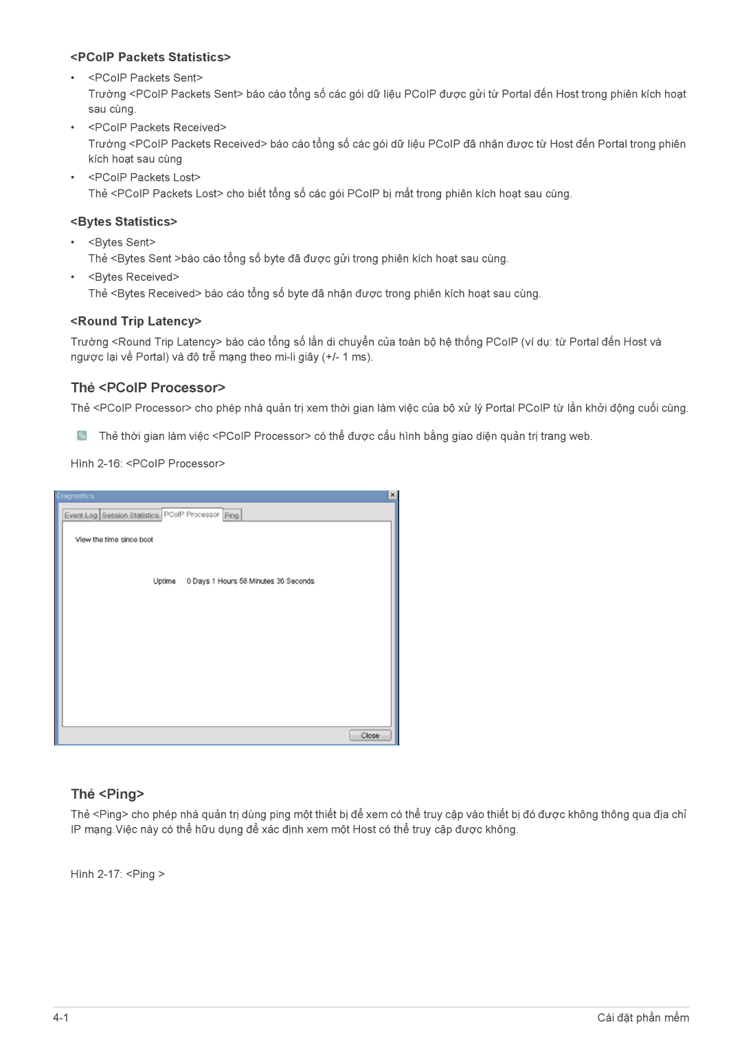 Samsung LF24PPBCB/XY manual Thẻ PCoIP Processor, Thẻ Ping, PCoIP Packets Statistics, Bytes Statistics, Round Trip Latency 