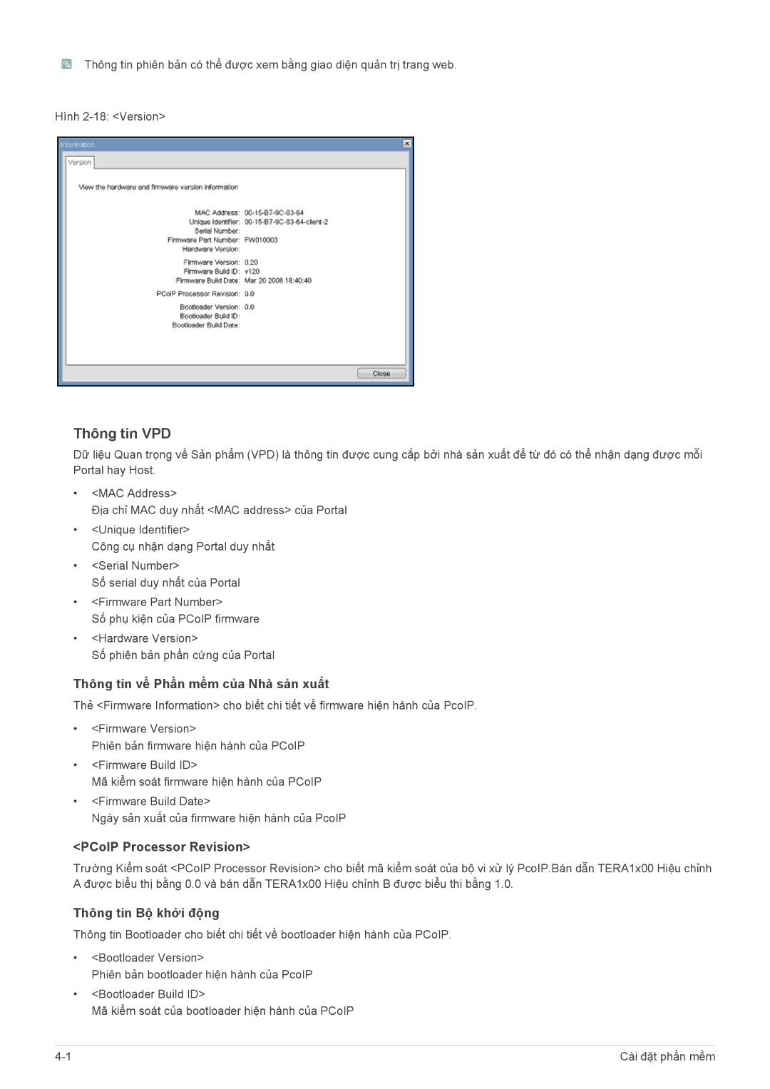 Samsung LF24PPBCB/XY, LF19PPBCB/XY manual Thông tin VPD, Thông tin về Phần mềm của Nhà sản xuất, PCoIP Processor Revision 