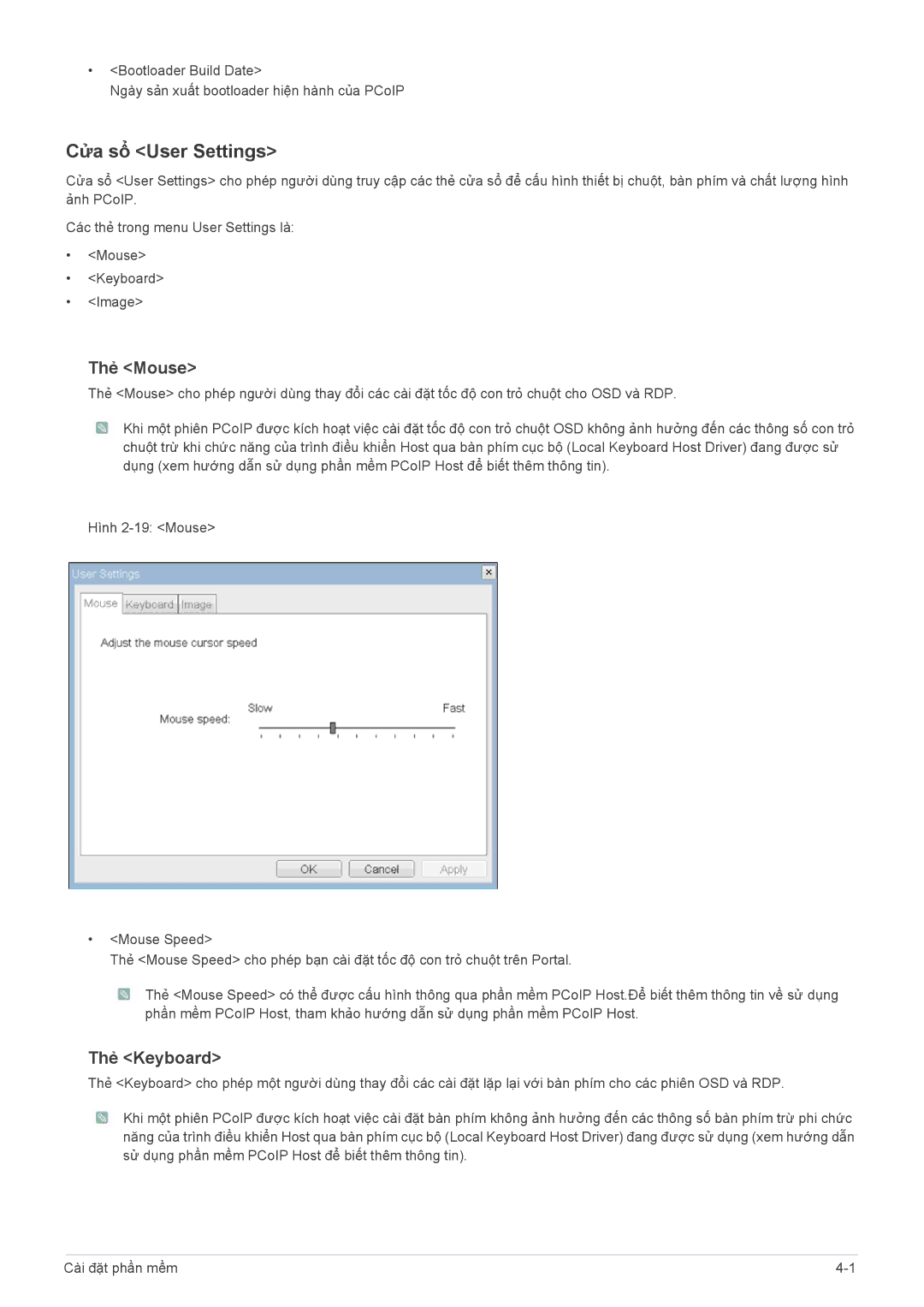 Samsung LF19PPBCB/XY, LF24PPBCB/XY manual Cửa sổ User Settings, Thẻ Mouse, Thẻ Keyboard 