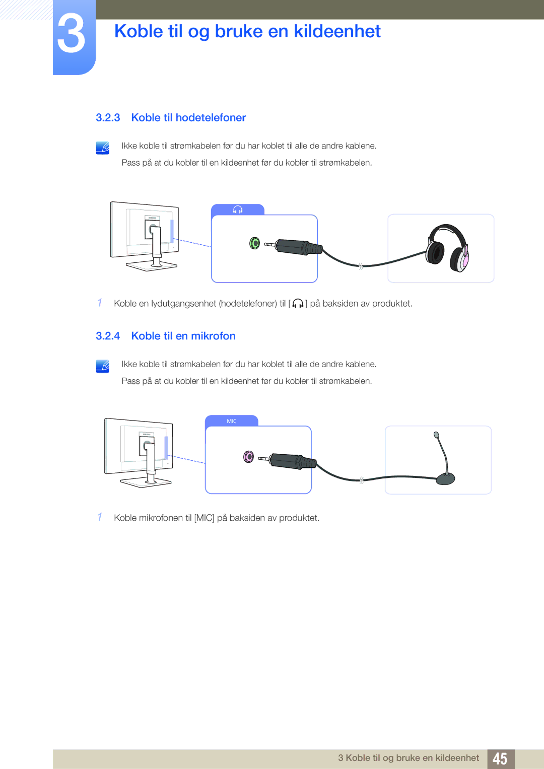 Samsung LF24TC2WAN/EN, LF24FT2WFPZXEN, LF22FT2WFPZXEN manual Koble til hodetelefoner, Koble til en mikrofon 