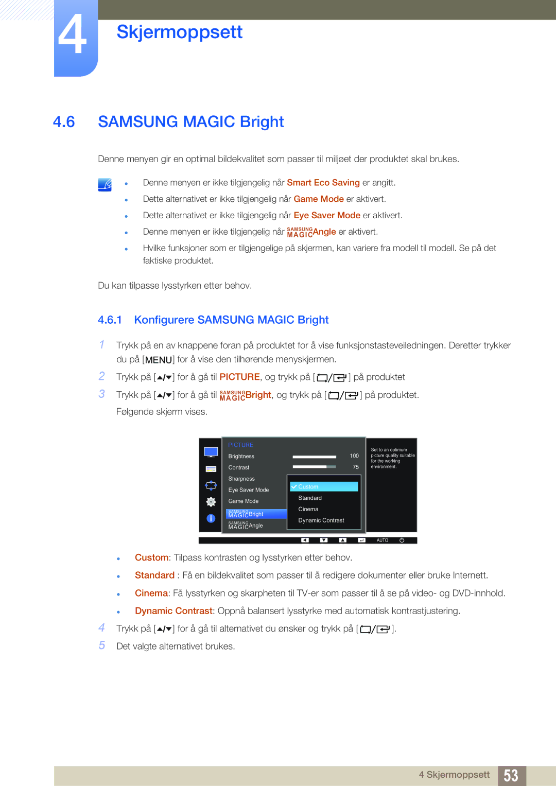 Samsung LF22FT2WFPZXEN, LF24TC2WAN/EN, LF24FT2WFPZXEN manual Konfigurere Samsung Magic Bright 