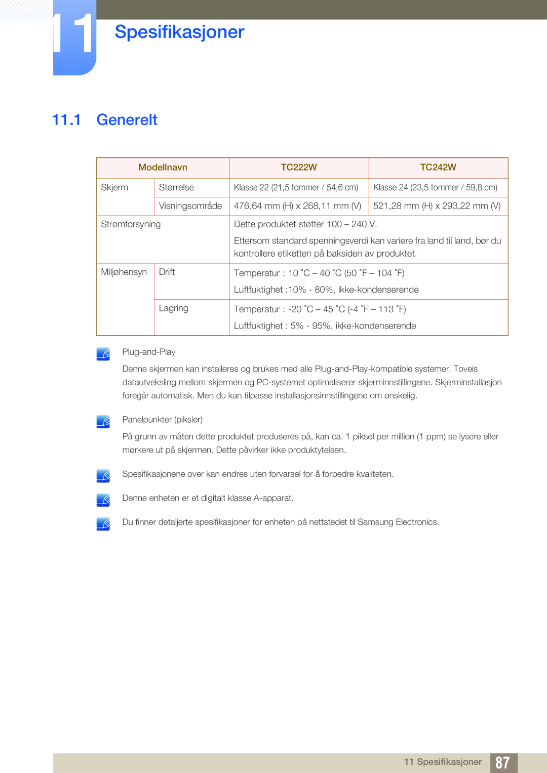 Samsung LF24TC2WAN/EN, LF24FT2WFPZXEN, LF22FT2WFPZXEN manual Spesifikasjoner, Generelt 