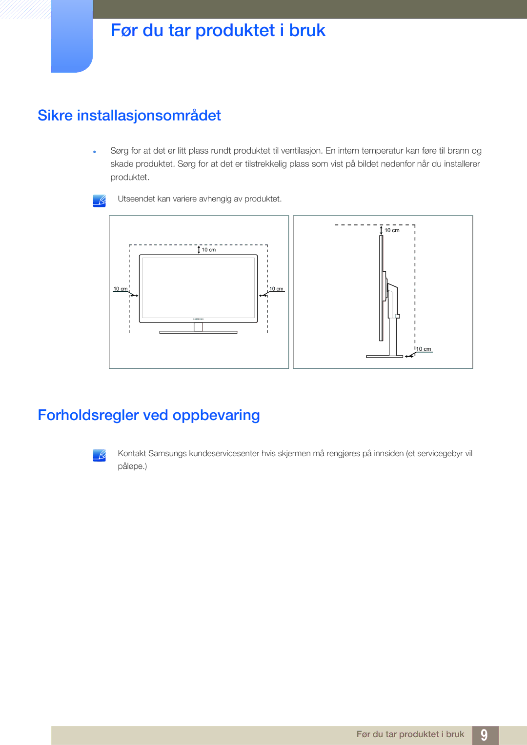 Samsung LF24TC2WAN/EN, LF24FT2WFPZXEN, LF22FT2WFPZXEN manual Sikre installasjonsområdet, Forholdsregler ved oppbevaring 