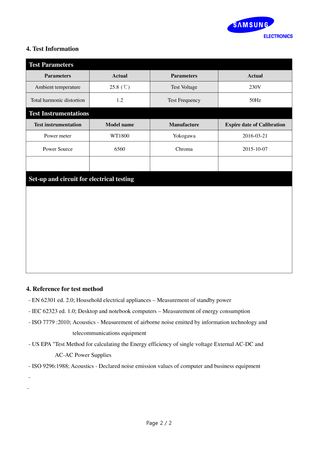 Samsung LF24FT2WFPZXCI Test Information, Test Parameters, Test Instrumentations, Set-up and circuit for electrical testing 