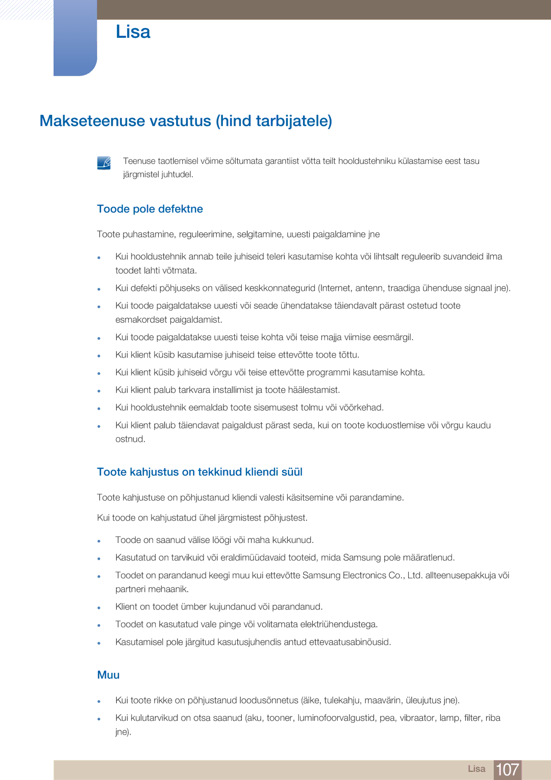 Samsung LF24TOWHBFM/EN manual Makseteenuse vastutus hind tarbijatele, Toode pole defektne, Muu 