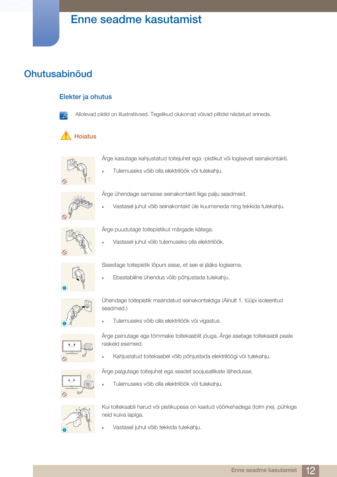 Samsung LF24TOWHBFM/EN manual Ohutusabinõud, Elekter ja ohutus, Hoiatus 