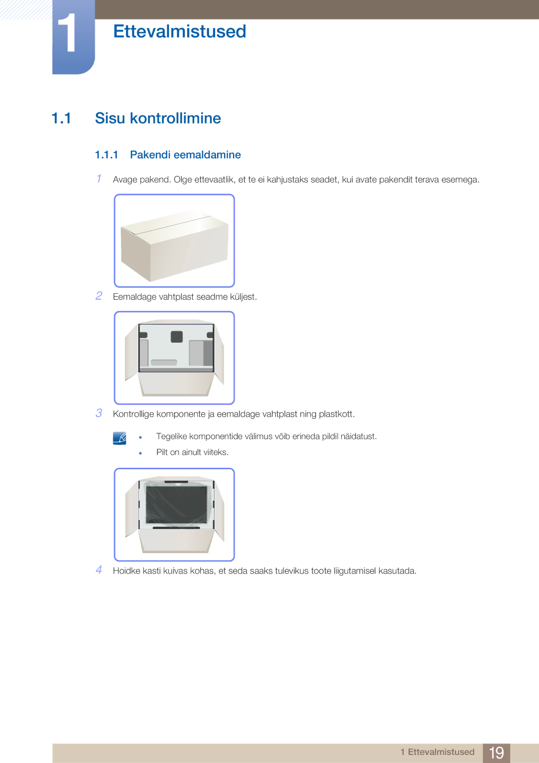 Samsung LF24TOWHBFM/EN manual Ettevalmistused, Sisu kontrollimine, Pakendi eemaldamine 