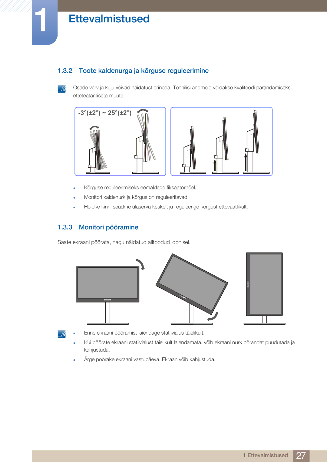 Samsung LF24TOWHBFM/EN manual Toote kaldenurga ja kõrguse reguleerimine, Monitori pööramine 