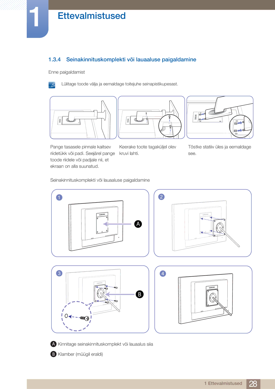 Samsung LF24TOWHBFM/EN manual Seinakinnituskomplekti või lauaaluse paigaldamine 