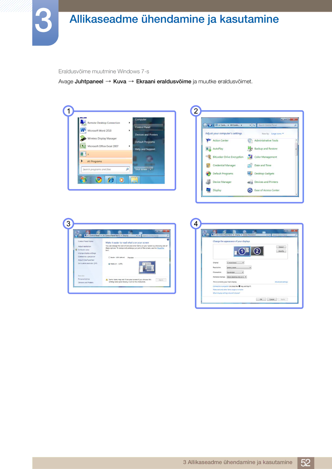 Samsung LF24TOWHBFM/EN manual Eraldusvõime muutmine Windows 7-s 