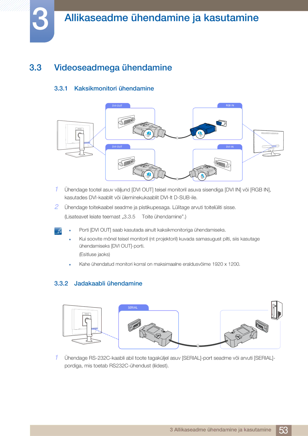 Samsung LF24TOWHBFM/EN manual Videoseadmega ühendamine, Kaksikmonitori ühendamine, Jadakaabli ühendamine 