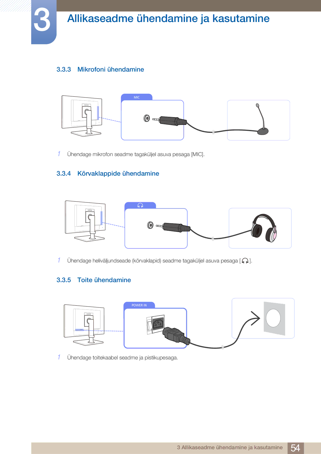 Samsung LF24TOWHBFM/EN manual Mikrofoni ühendamine, 4 Kõrvaklappide ühendamine, Toite ühendamine 