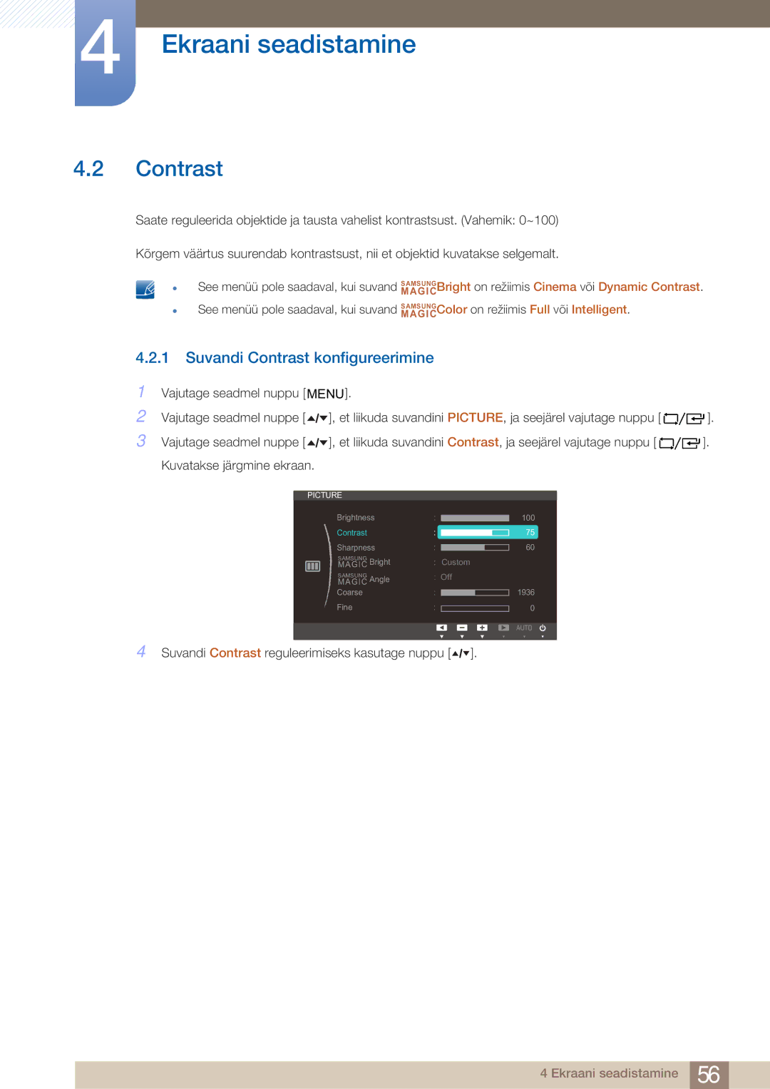 Samsung LF24TOWHBFM/EN manual Suvandi Contrast konfigureerimine 