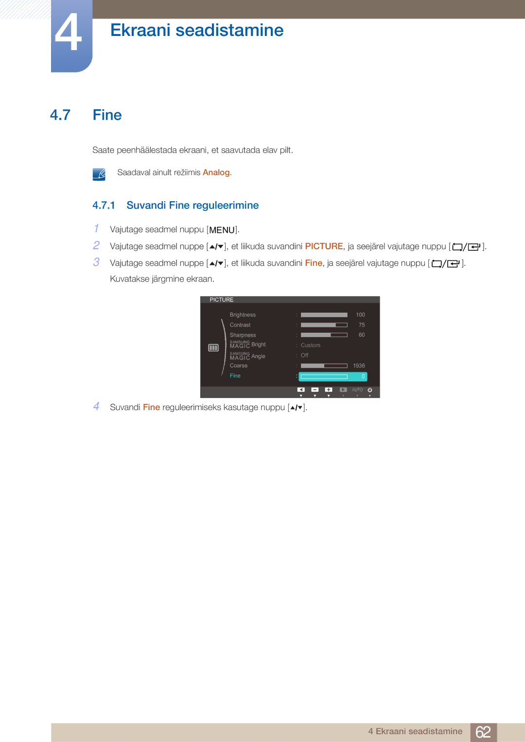 Samsung LF24TOWHBFM/EN manual Suvandi Fine reguleerimine 