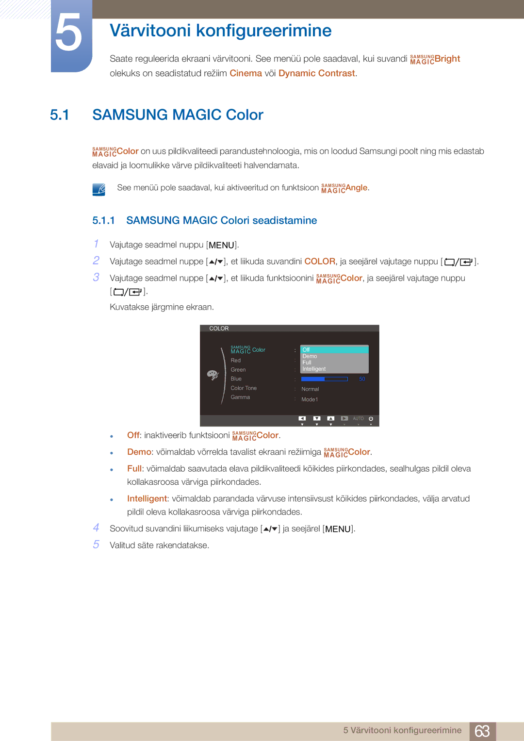 Samsung LF24TOWHBFM/EN manual Värvitooni konfigureerimine, Samsung Magic Colori seadistamine 