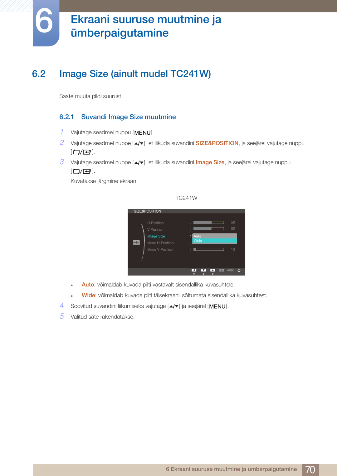 Samsung LF24TOWHBFM/EN manual Image Size ainult mudel TC241W, Suvandi Image Size muutmine 