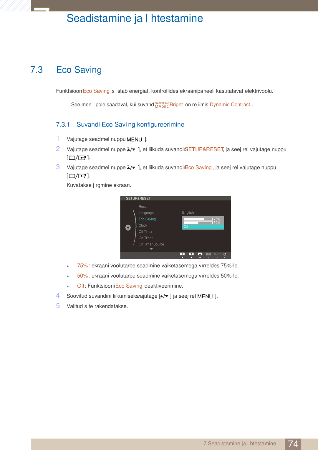 Samsung LF24TOWHBFM/EN manual Suvandi Eco Saving konfigureerimine 