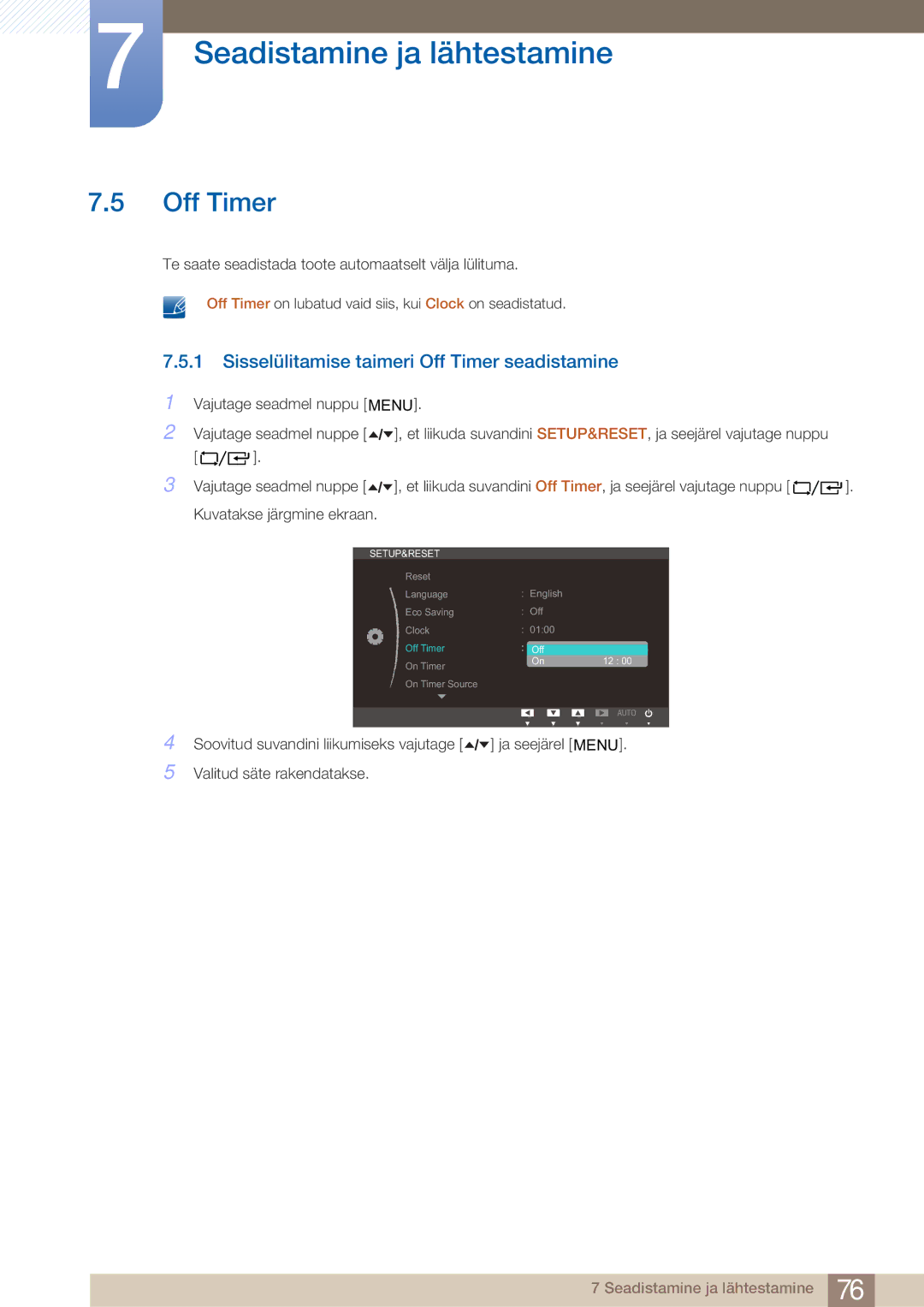 Samsung LF24TOWHBFM/EN manual Sisselülitamise taimeri Off Timer seadistamine 