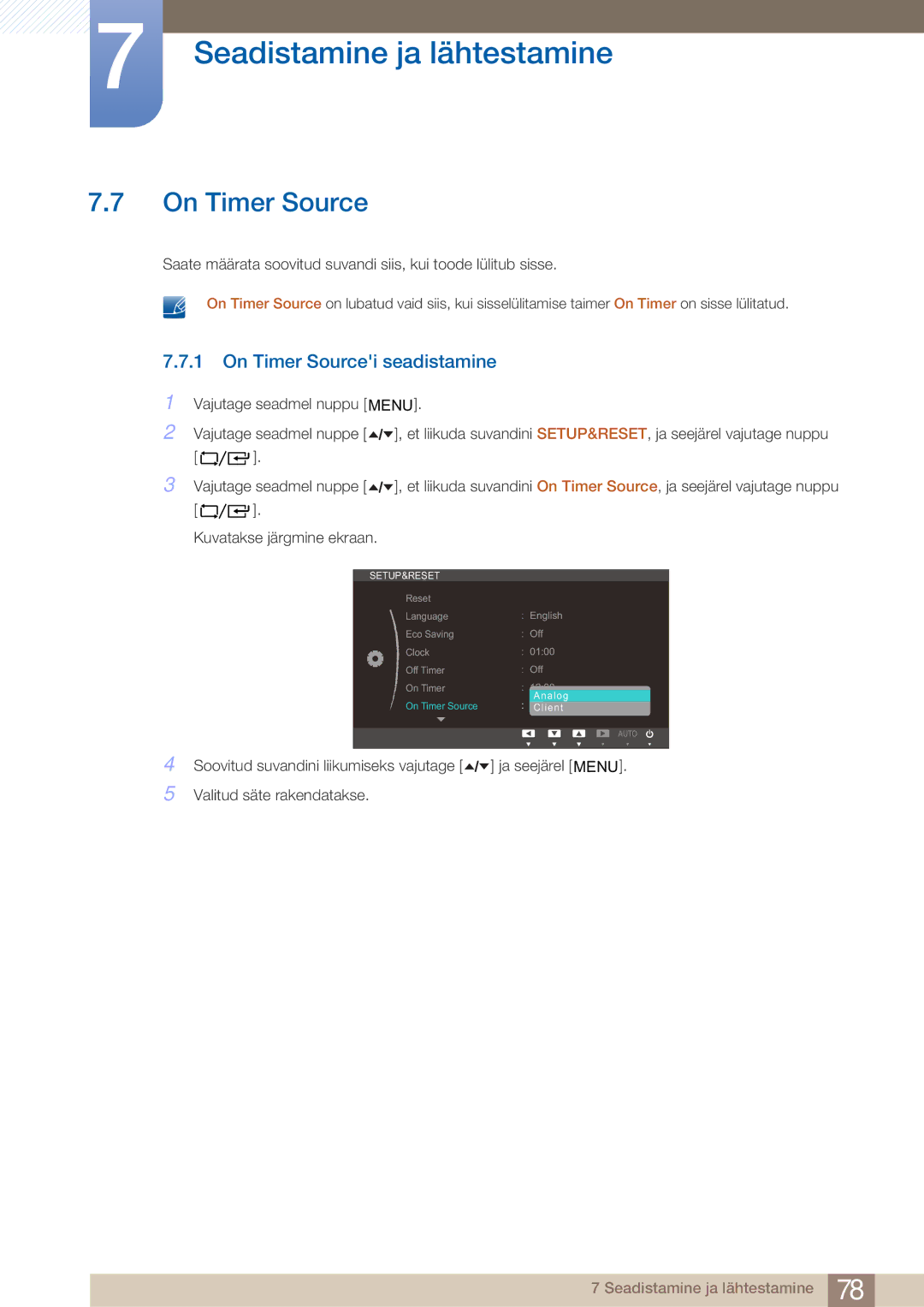 Samsung LF24TOWHBFM/EN manual On Timer Sourcei seadistamine 