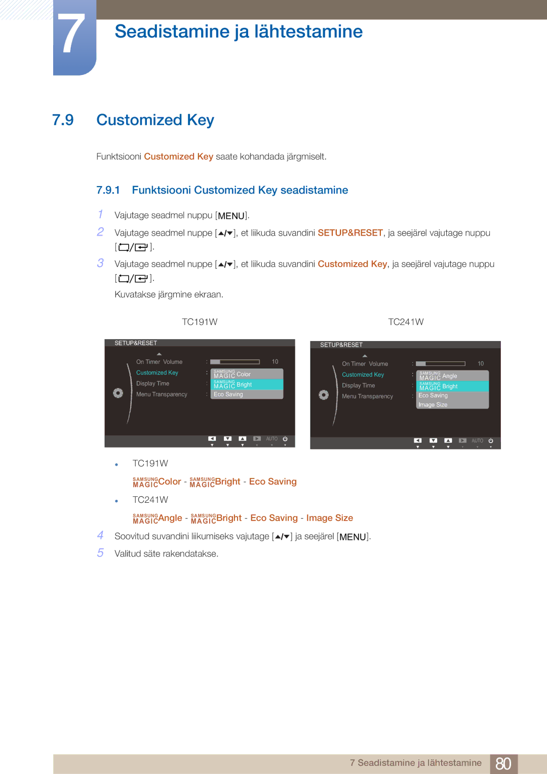 Samsung LF24TOWHBFM/EN manual Funktsiooni Customized Key seadistamine 